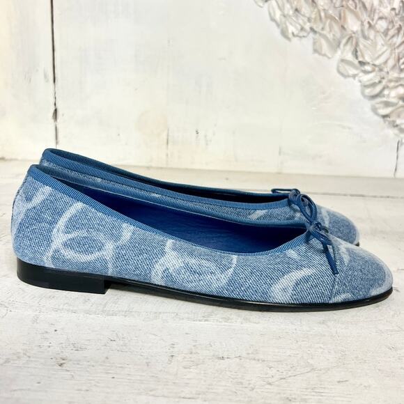 NEW Chanel Denim Printed CC Cap Toe Ballerina Flats Shoes Light Blue Women's 36 - Picture 4 of 10
